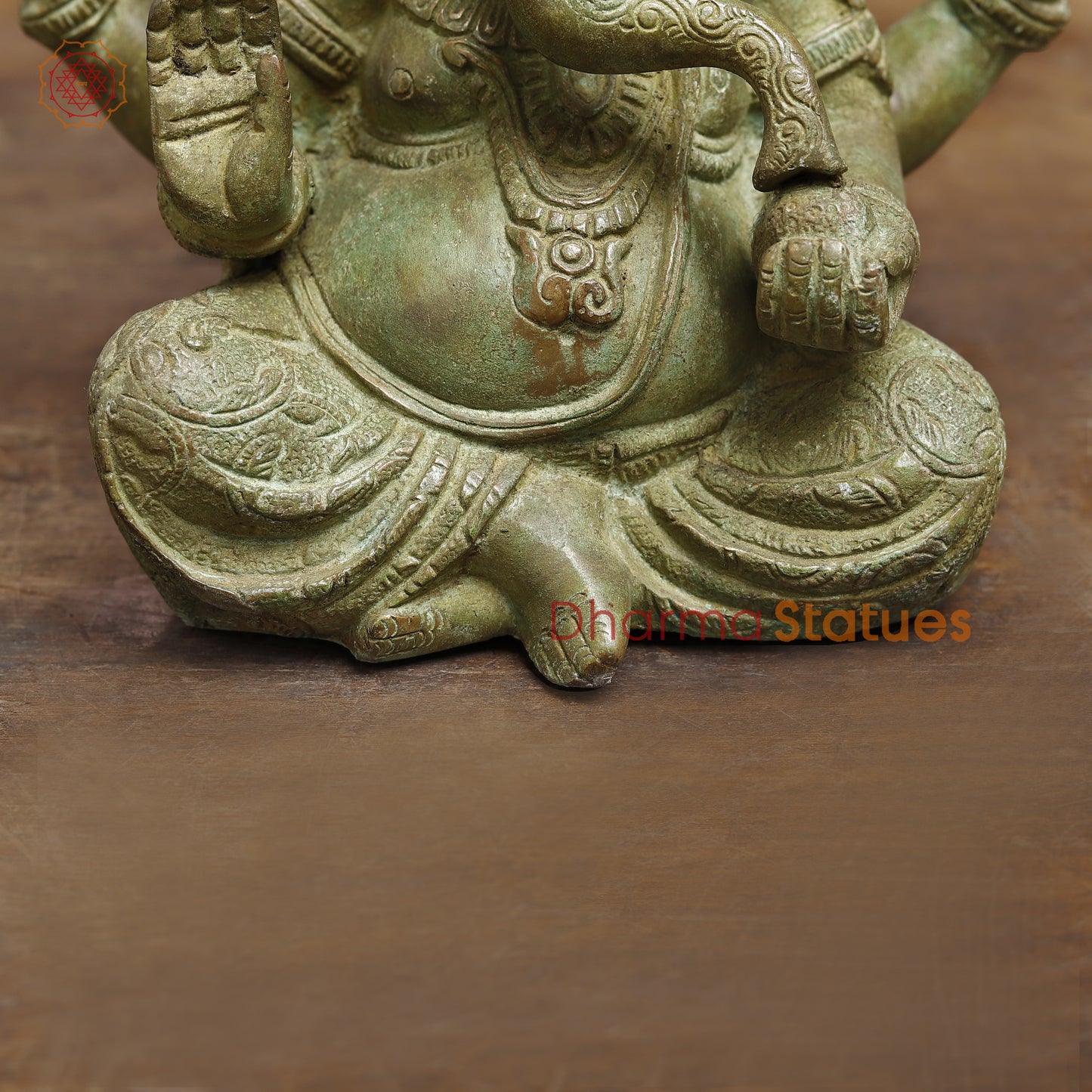 Brass Ganesh seated in Blessing Posture, Fine Green Finish, 8"