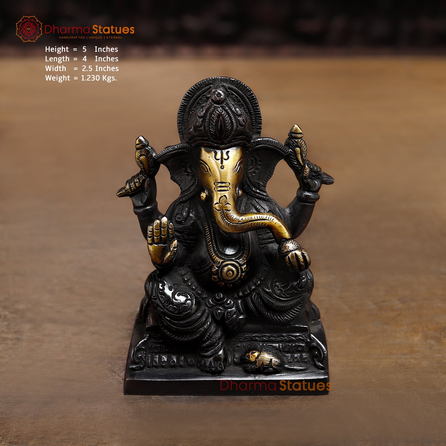 Brass Ganesh seated in Blessing Posture, Black Patina & Golden Finish, 5"