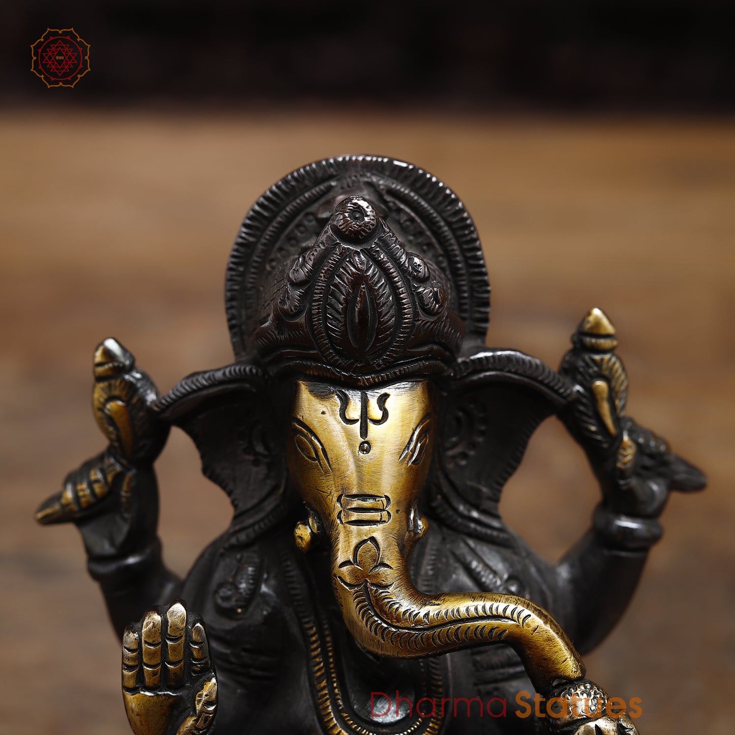 Brass Ganesh seated in Blessing Posture, Black Patina & Golden Finish, 5"