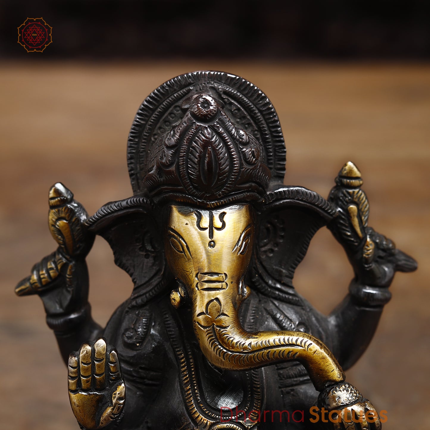 Brass Ganesh seated in Blessing Posture, Black Patina & Golden Finish, 5"