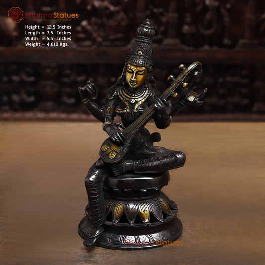 Brass Saraswati, Black Patina & Golden Finish, 12.5"