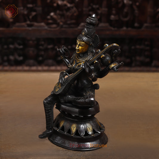 Brass Saraswati, Black Patina & Golden Finish, 12.5"