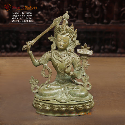 Brass Tibetan Buddhist Deity Manjushri, Fine Green Finish, 12"