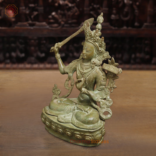 Brass Tibetan Buddhist Deity Manjushri, Fine Green Finish, 12"