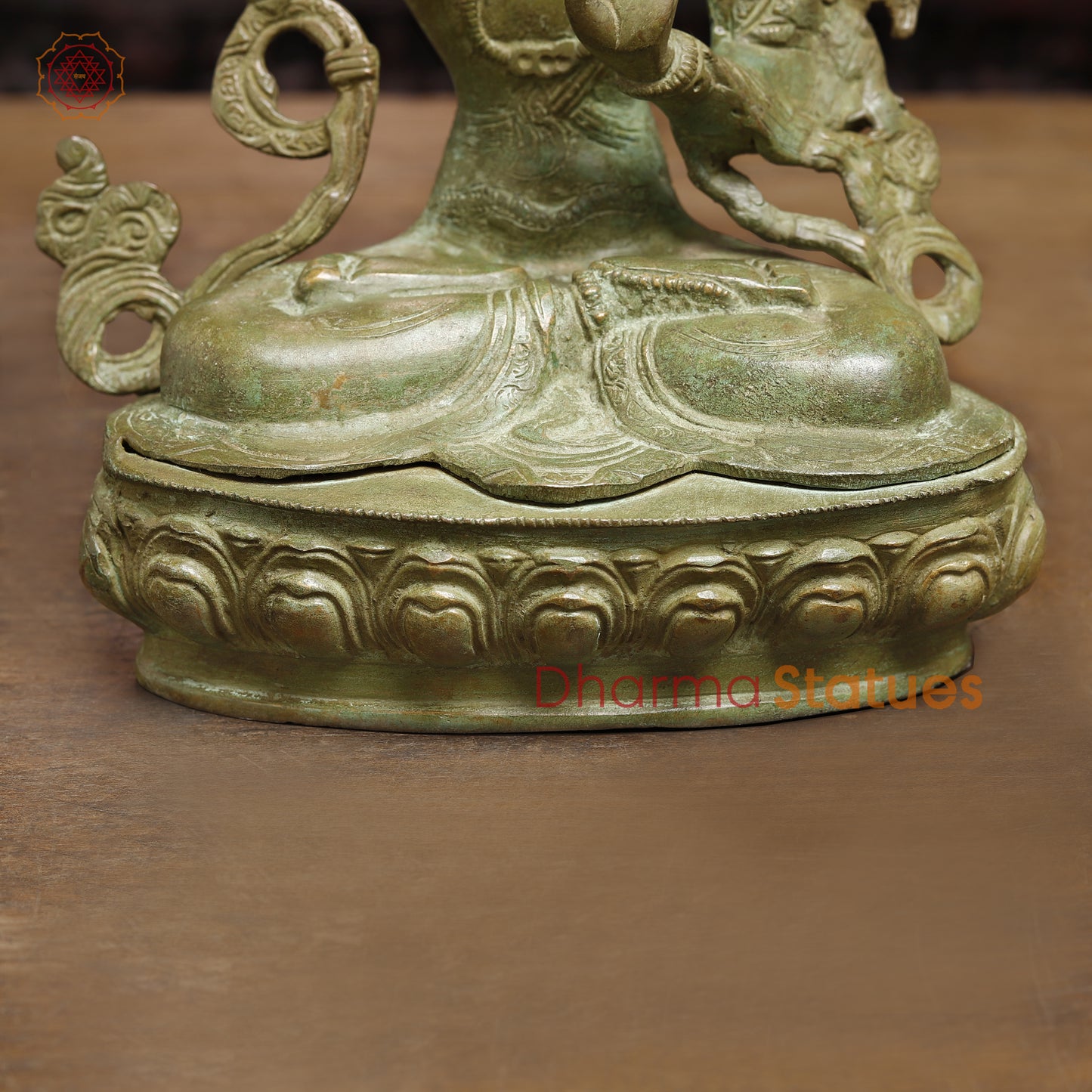 Brass Tibetan Buddhist Deity Manjushri, Fine Green Finish, 12"