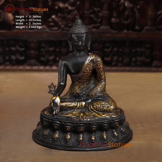 Brass Buddha seated, Black Patina & Golden Finish, 11"