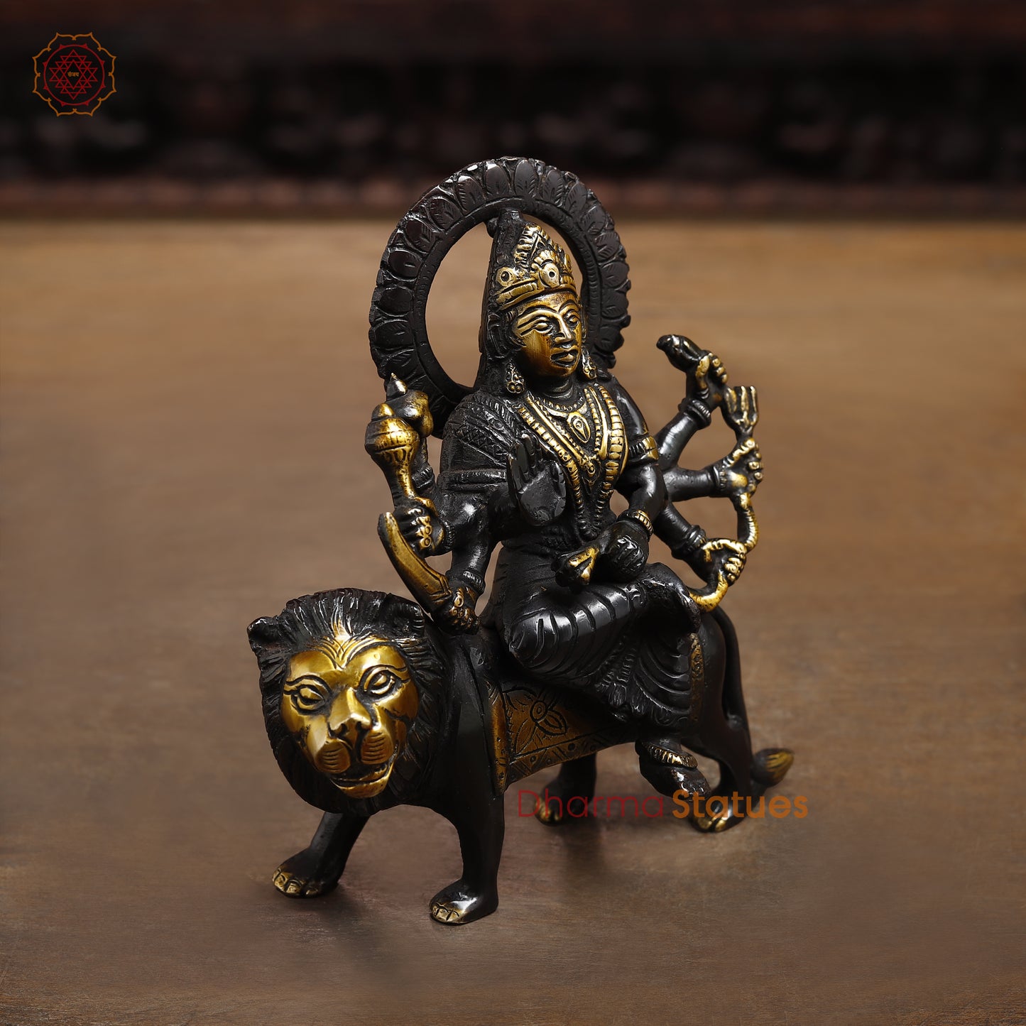 Brass Durga Seated on a Lion, Black Patina & Gold Finish, 6"