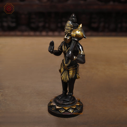 Brass Hanuman in Blessing Posture, Black Patina & Golden Finish, 8"