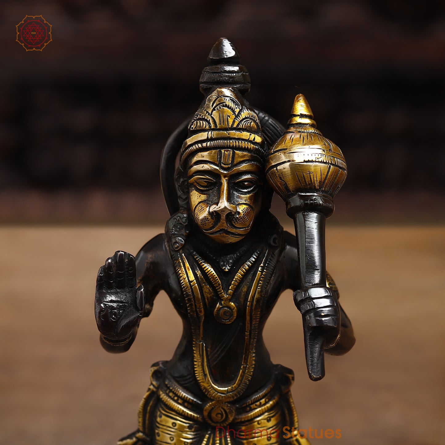 Brass Hanuman in Blessing Posture, Black Patina & Golden Finish, 8"