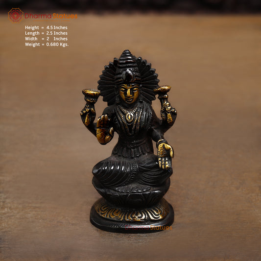 Brass Lakshmi seated in Blessing Posture, Black Patina & Golden Finish, 4.5"