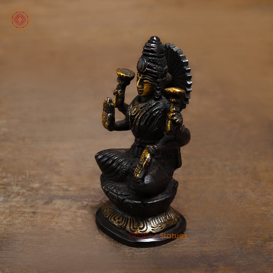 Brass Lakshmi seated in Blessing Posture, Black Patina & Golden Finish, 4.5"