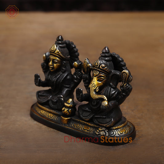 Brass Lakshmi & Ganesh in Blessing Posture, Black Patina & Gold Finish, 3.5"