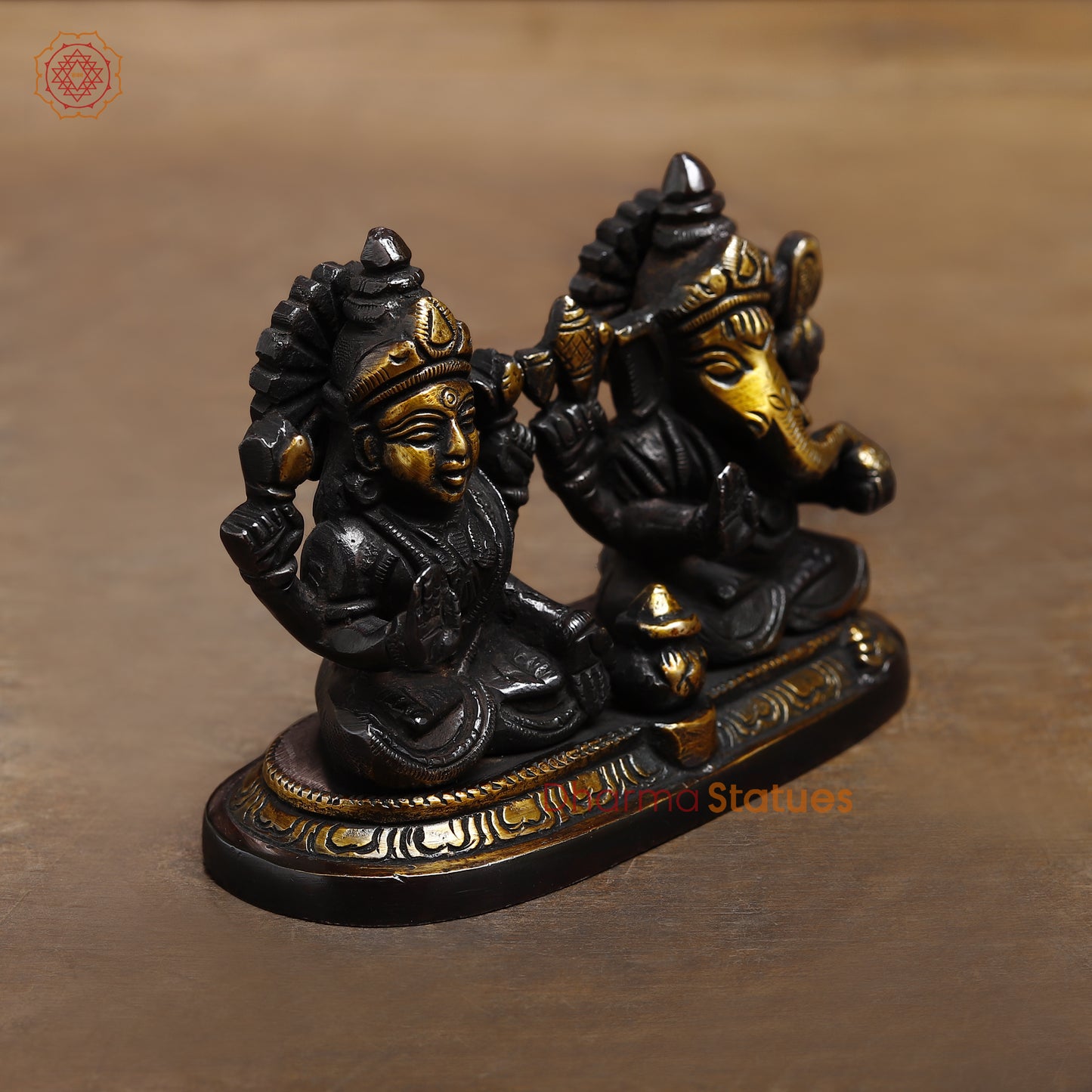 Brass Lakshmi & Ganesh in Blessing Posture, Black Patina & Gold Finish, 3.5"