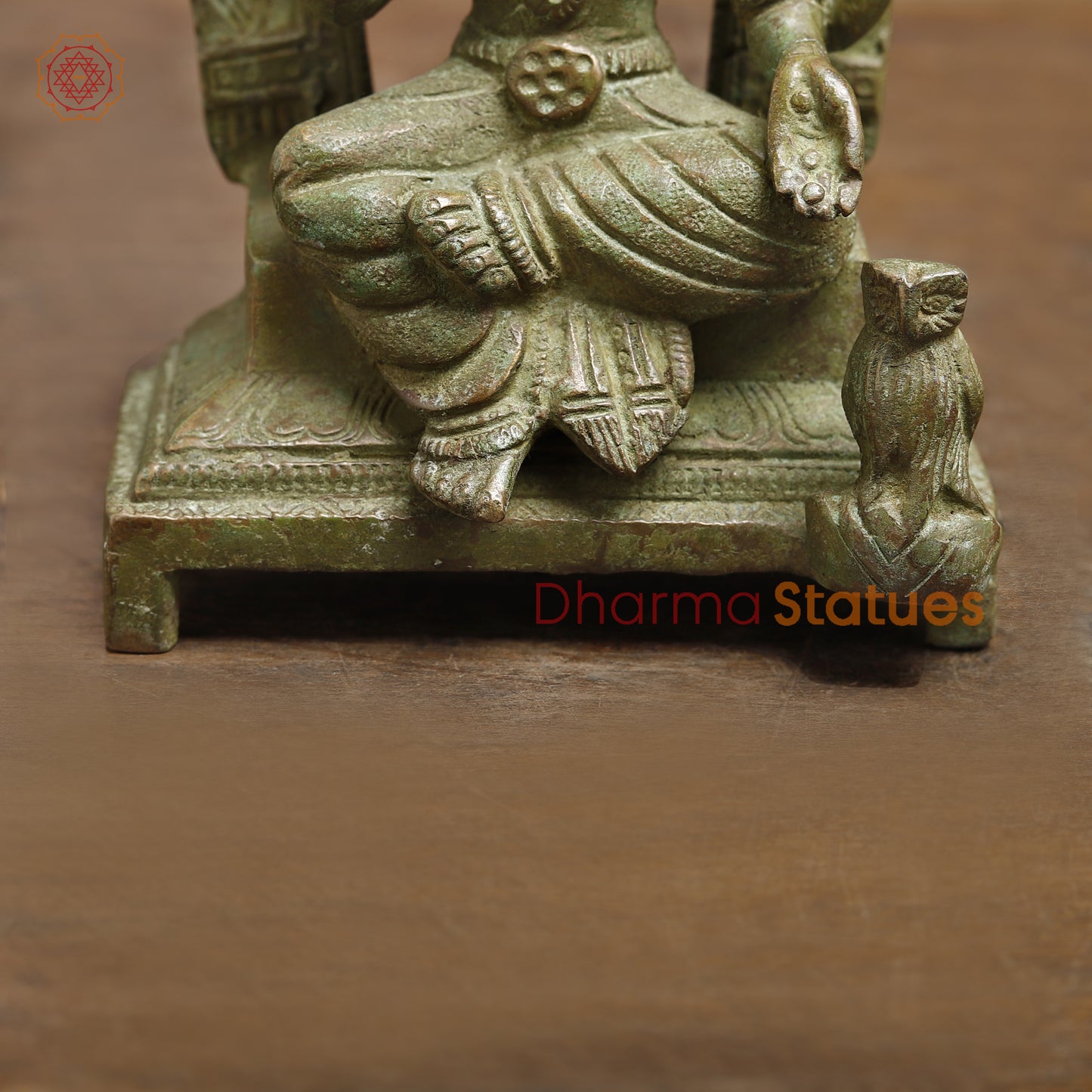 Brass Lakshmi seated in Blessing Posture, Green Patina Finish, 7.5"