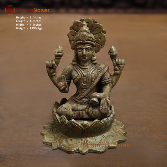 Brass Lakshmi seated in Blessing Posture, Green Patina Finish, 5"