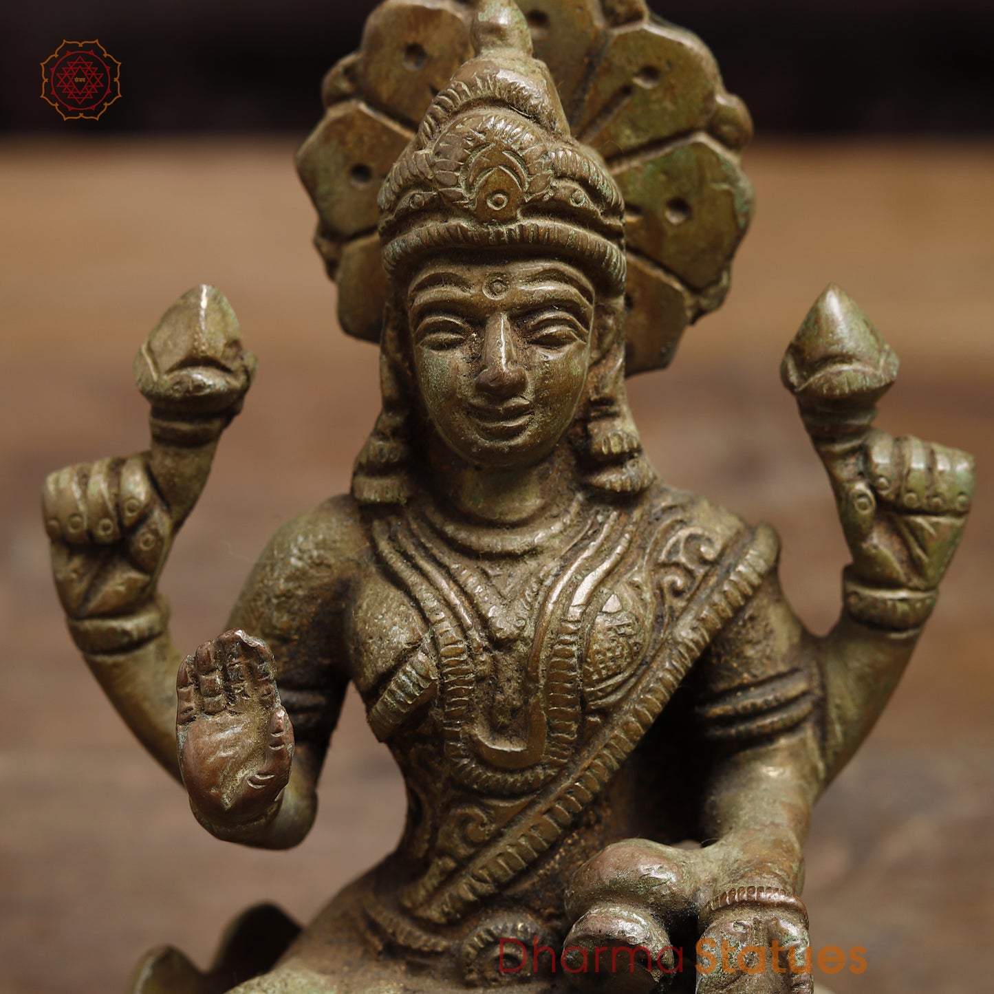 Brass Lakshmi seated in Blessing Posture, Green Patina Finish, 5"