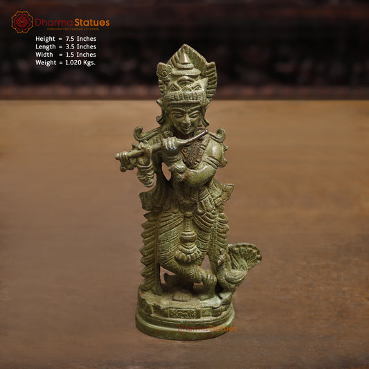 Brass Krishna Playing Flute, Fine Green Finish, 7.5"