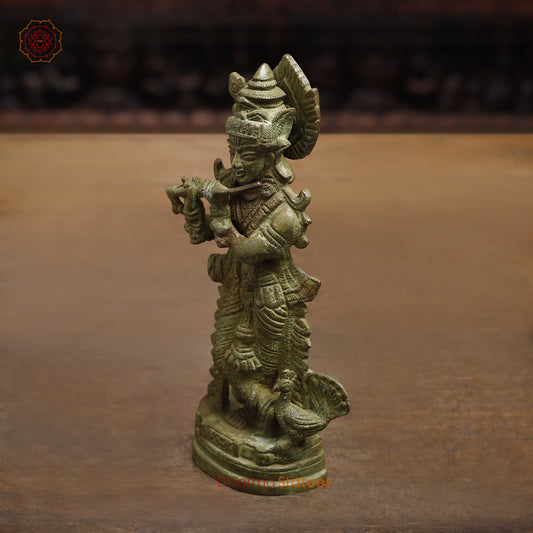 Brass Krishna Playing Flute, Fine Green Finish, 7.5"