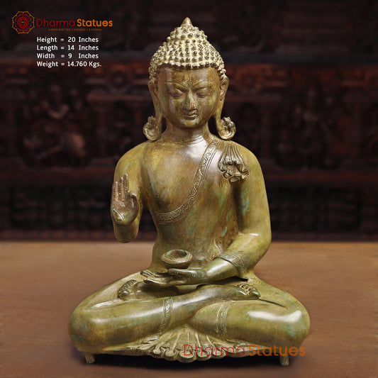 Meditating Brass Buddha Idol, Blessing Buddha, Antique Finish 20"
