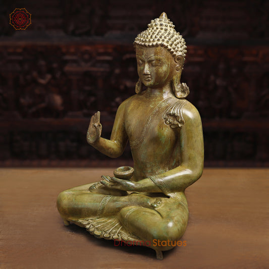 Meditating Brass Buddha Idol, Blessing Buddha, Antique Finish 20"