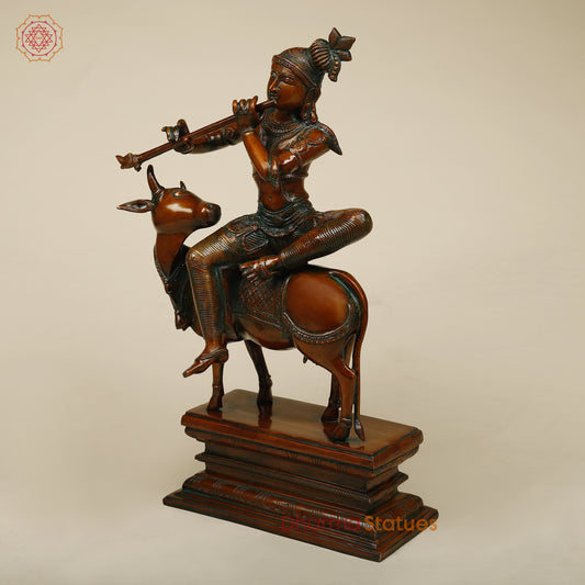 Brass Krishna Playing Flute on Cow, Copper Finish, 21"