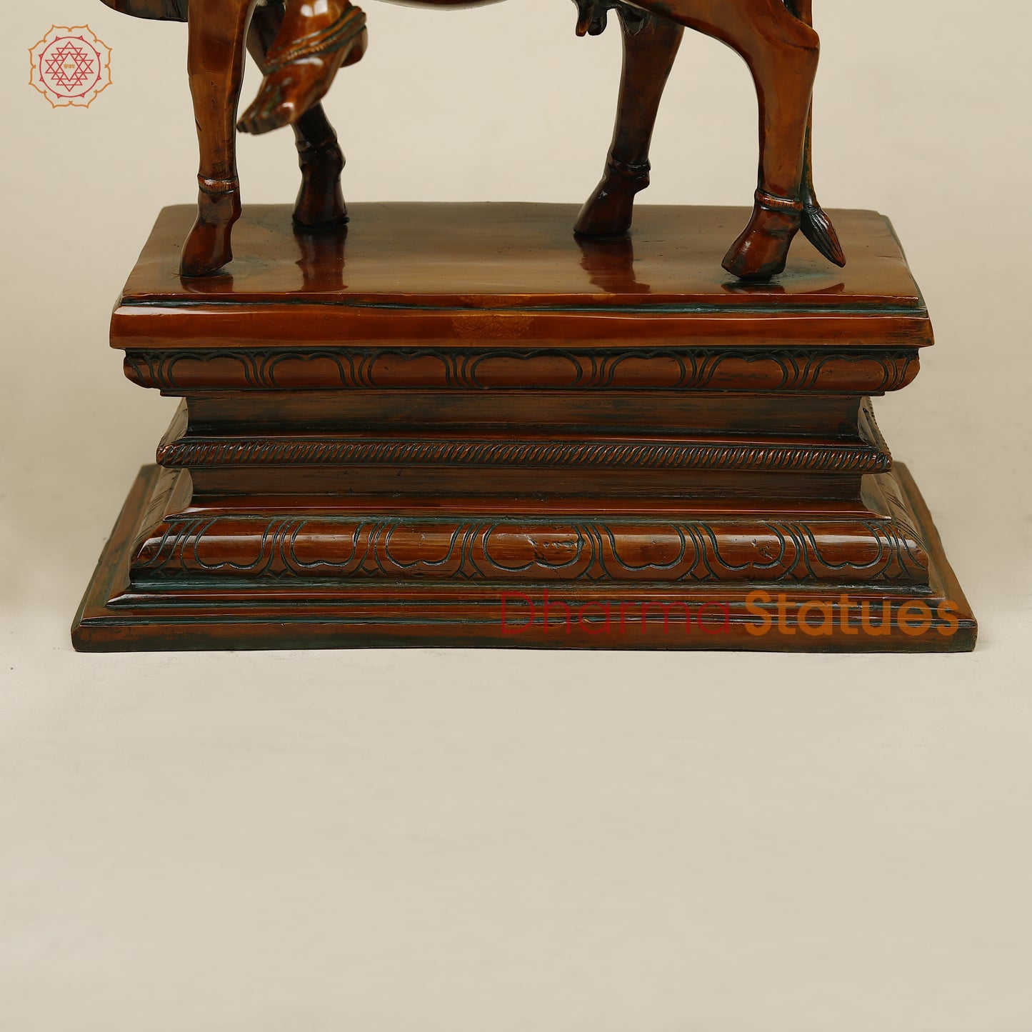 Brass Krishna Playing Flute on Cow, Copper Finish, 21"