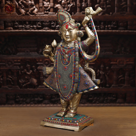 Brass Shreenath, Stonework & Golden Finish, 31.5"