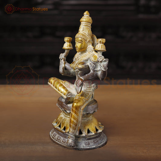 Brass Lakshmi Statue, Goddess of Wealth & Fortune, Antique Brown & Gold Finish 12"