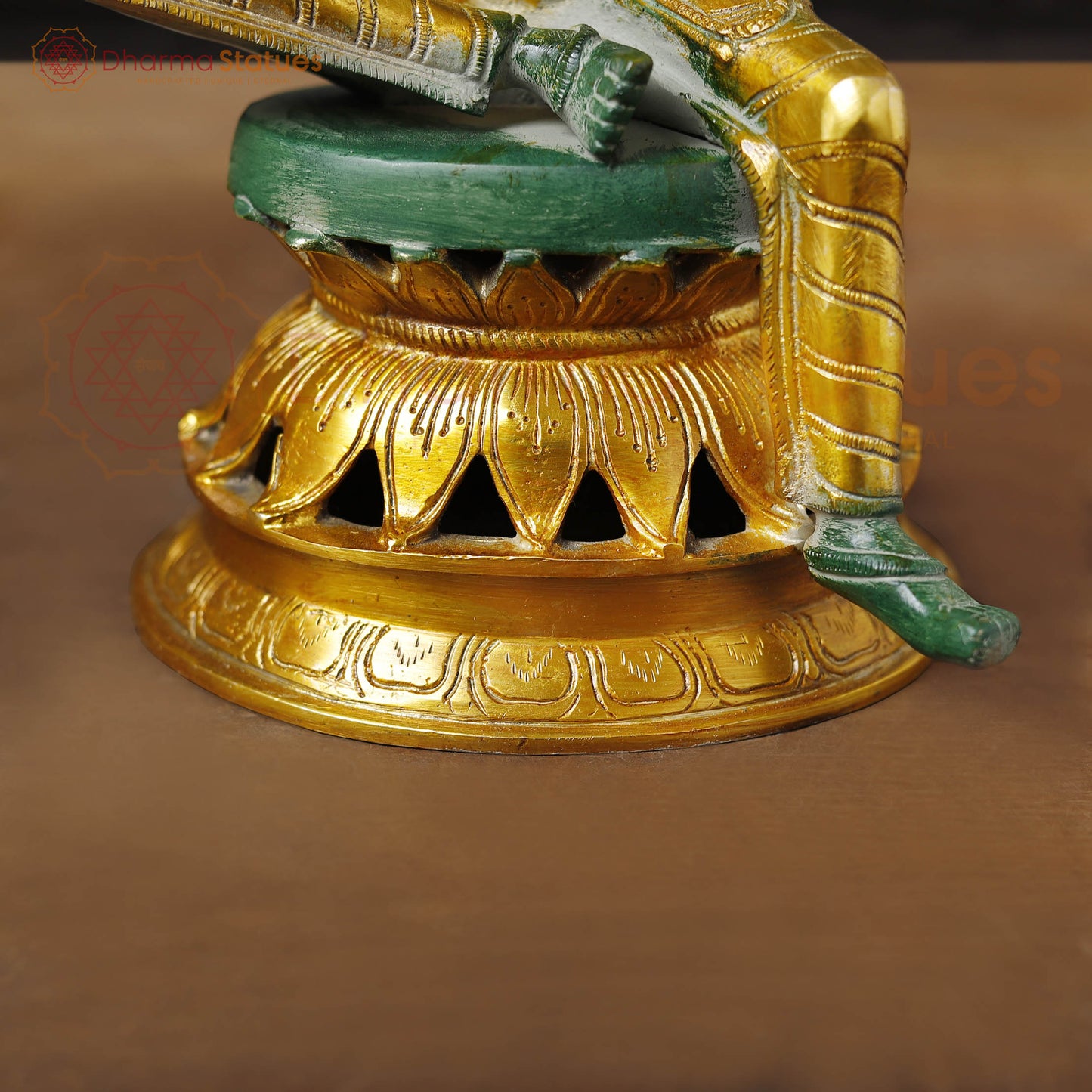Brass Lakshmi Statue, Sitting and Showering Wealth, Emerald Finish with Golden Accents, 12"