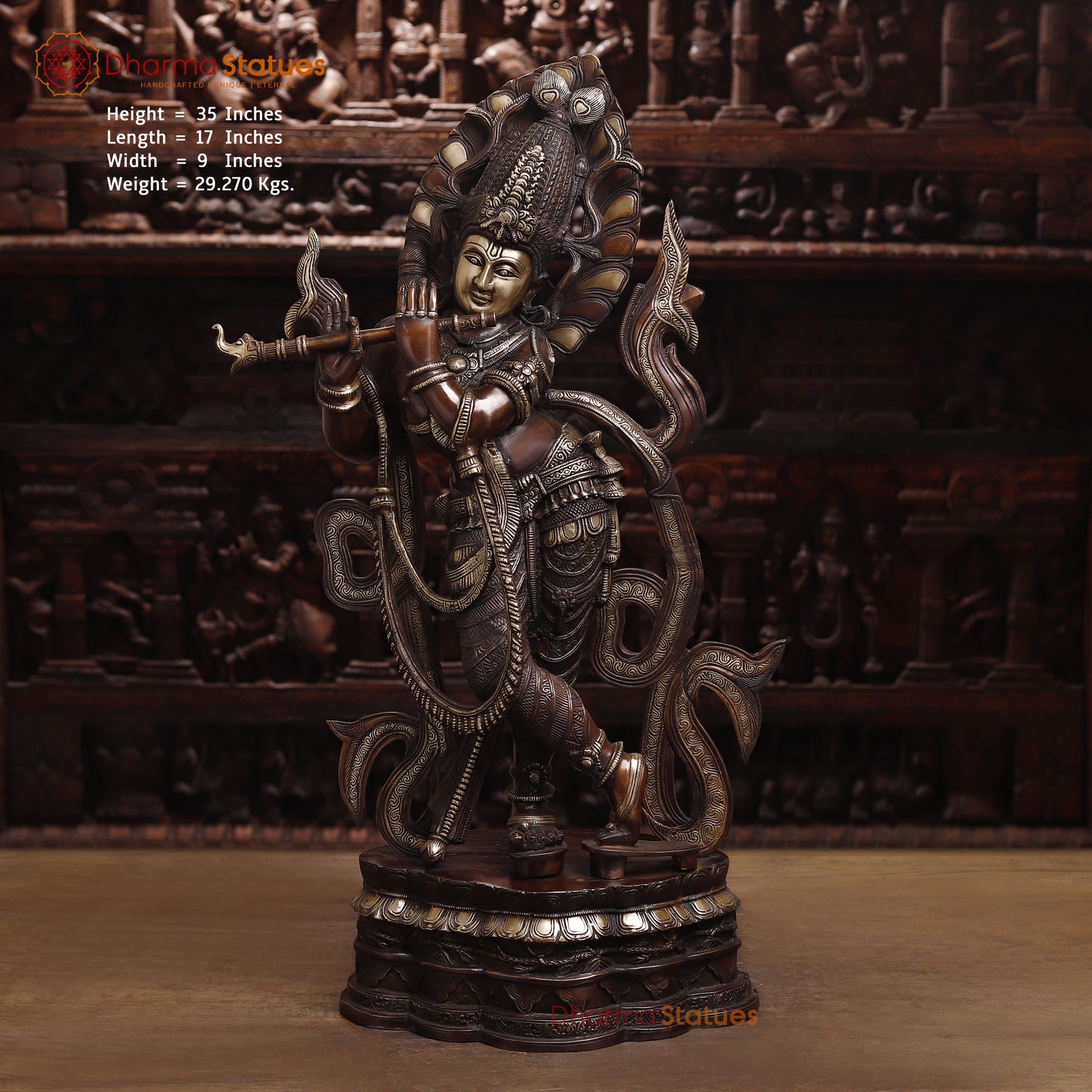 Brass Krishna Playing Flute, Copper & Golden Finish, 35"