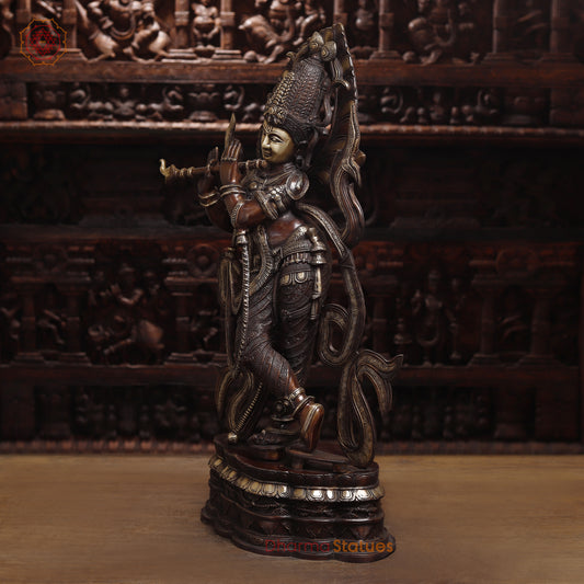 Brass Krishna Playing Flute, Copper & Golden Finish, 35"