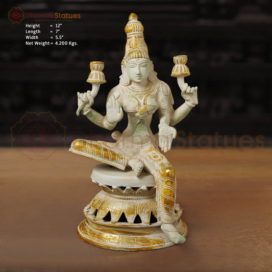 Brass Lakshmi Statue, Sitting and Showering Wealth, White & Golden Finish, 12"