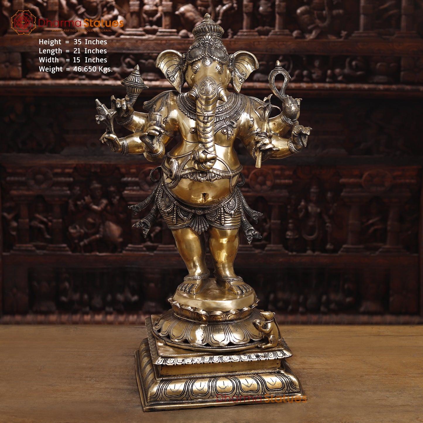 Brass Ganesh with 8 Arm, Golden Finish, 35"