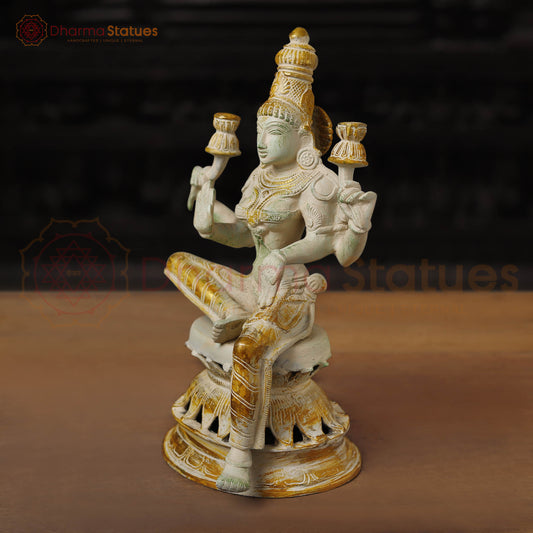 Brass Lakshmi Statue, Sitting and Showering Wealth, White & Golden Finish, 12"