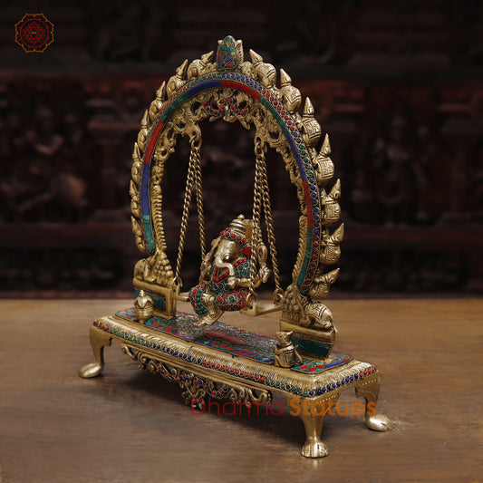 Brass Ganesh on a Swing, Stonework & Golden Finish, 15.5"