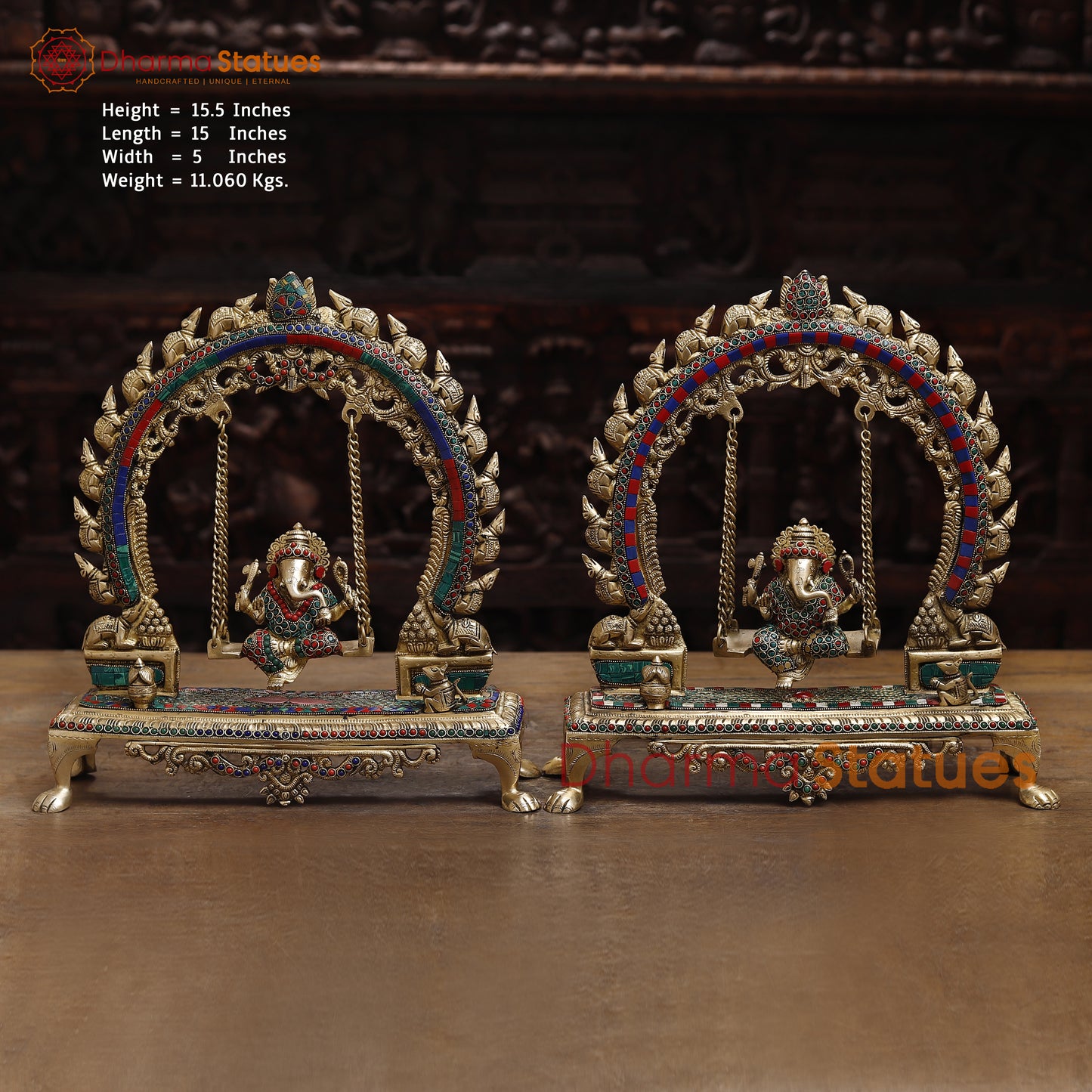 Brass Ganesh on a Swing, Stonework & Golden Finish, 15.5"