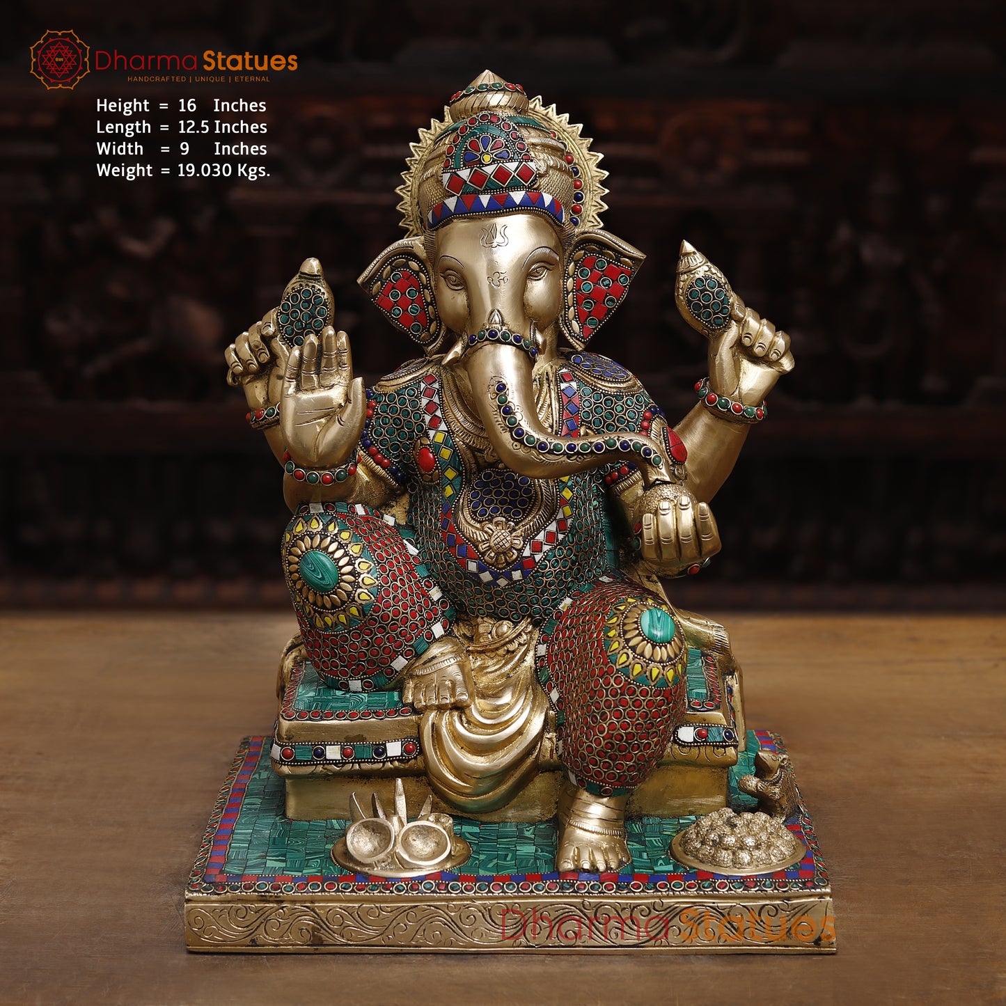 Brass Ganesh seated in Blessing Posture, Stonework & Golden Finish, 16"