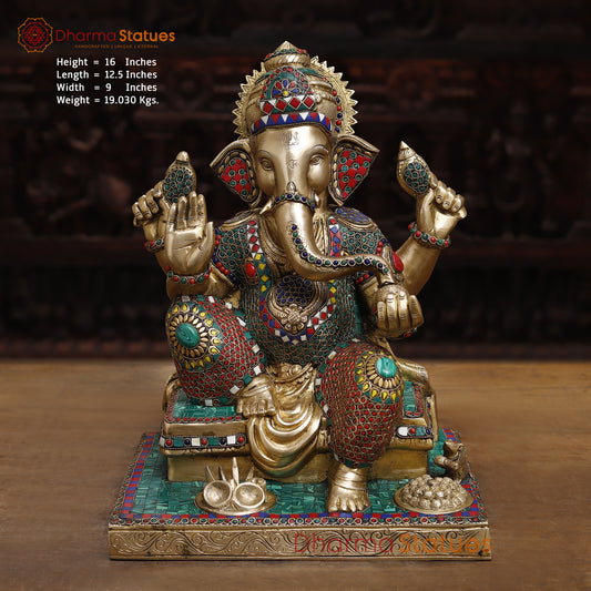 Brass Ganesh seated in Blessing Posture, Stonework & Golden Finish, 16"