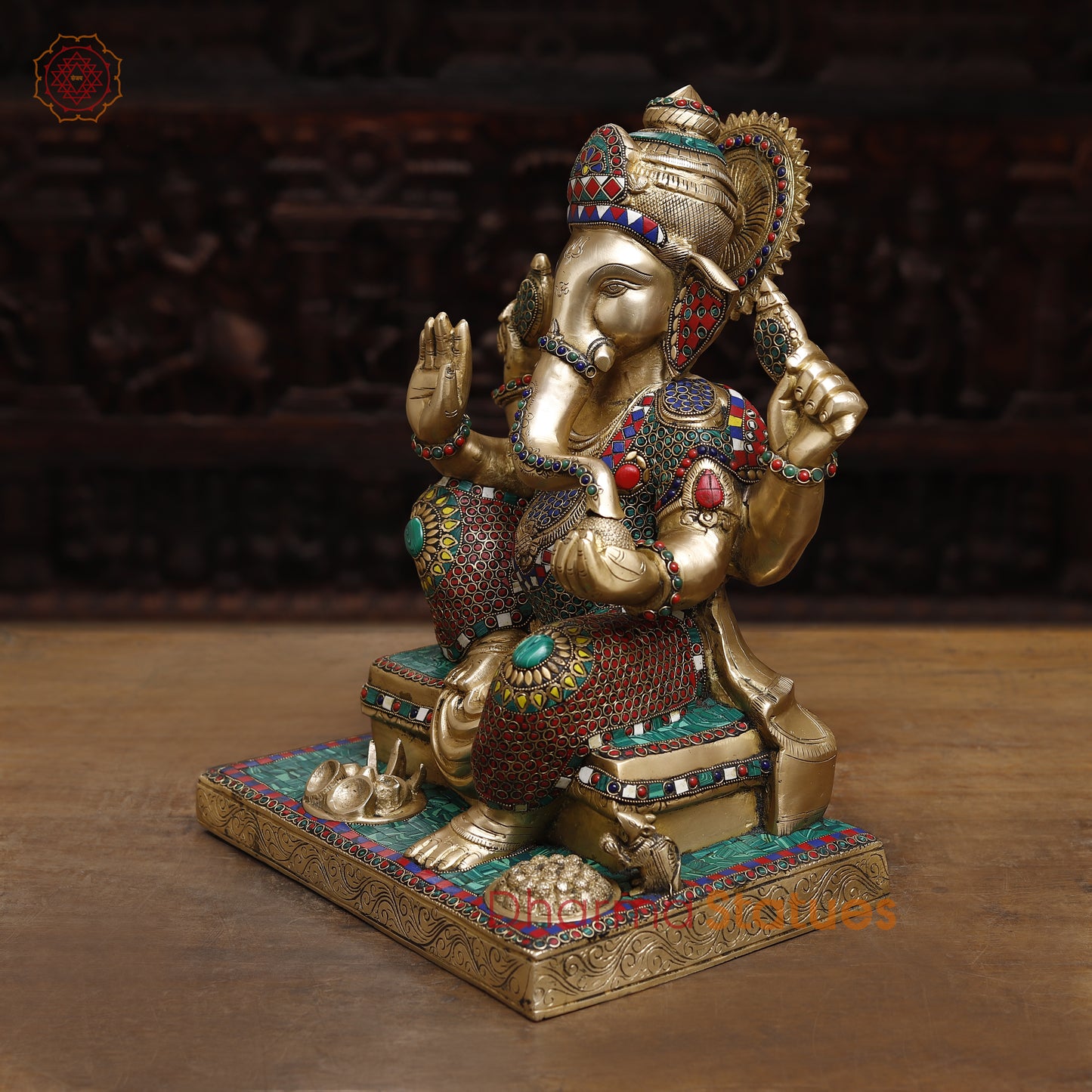 Brass Ganesh seated in Blessing Posture, Stonework & Golden Finish, 16"