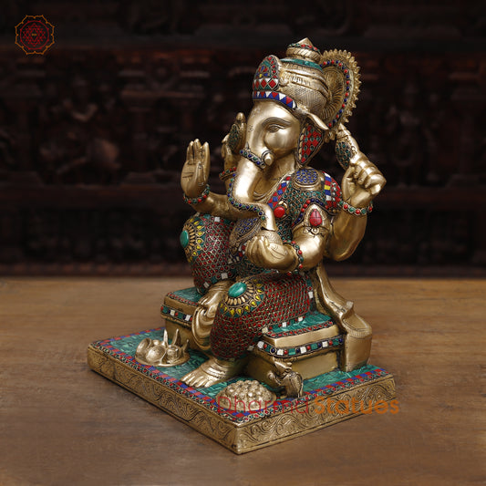 Brass Ganesh seated in Blessing Posture, Stonework & Golden Finish, 16"