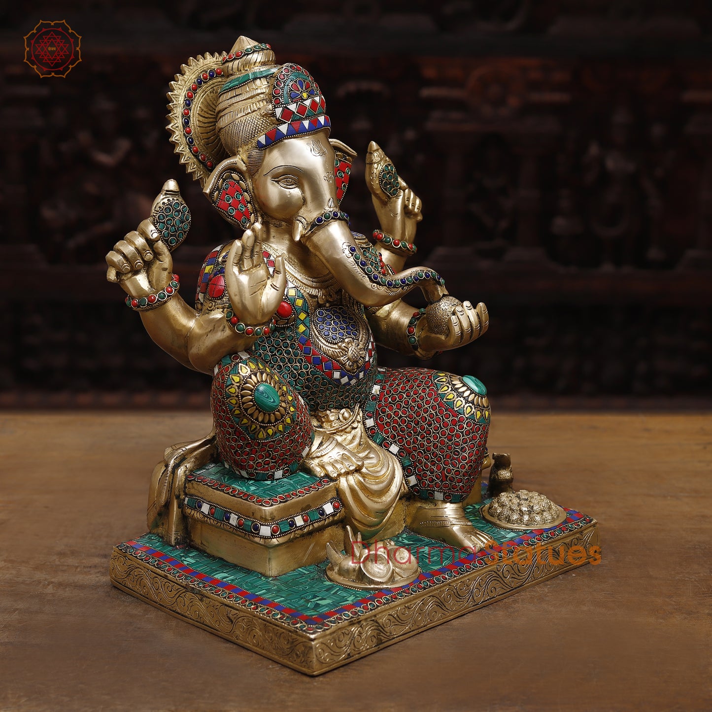 Brass Ganesh seated in Blessing Posture, Stonework & Golden Finish, 16"