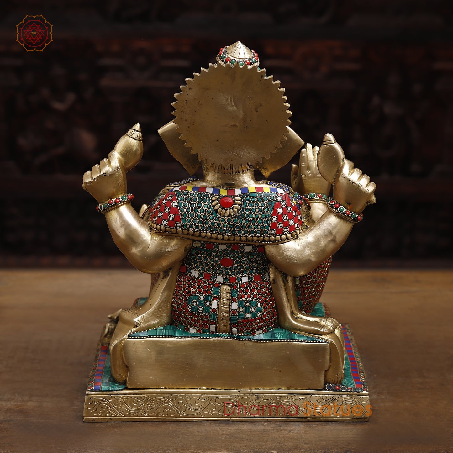 Brass Ganesh seated in Blessing Posture, Stonework & Golden Finish, 16"