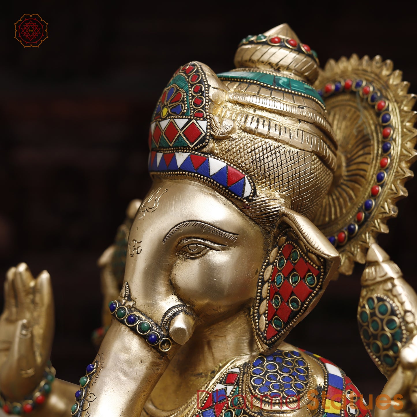 Brass Ganesh seated in Blessing Posture, Stonework & Golden Finish, 16"