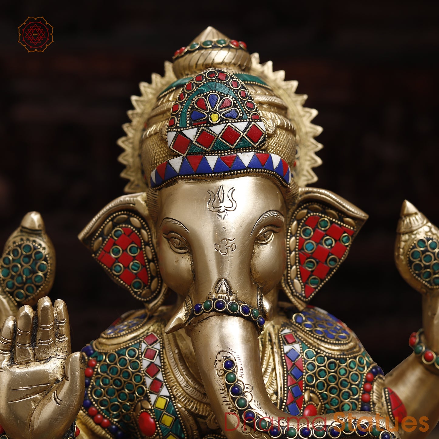 Brass Ganesh seated in Blessing Posture, Stonework & Golden Finish, 16"