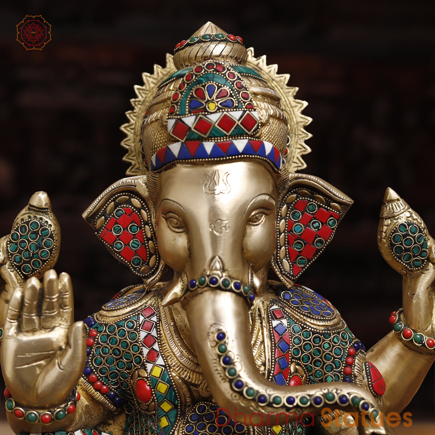 Brass Ganesh seated in Blessing Posture, Stonework & Golden Finish, 16"