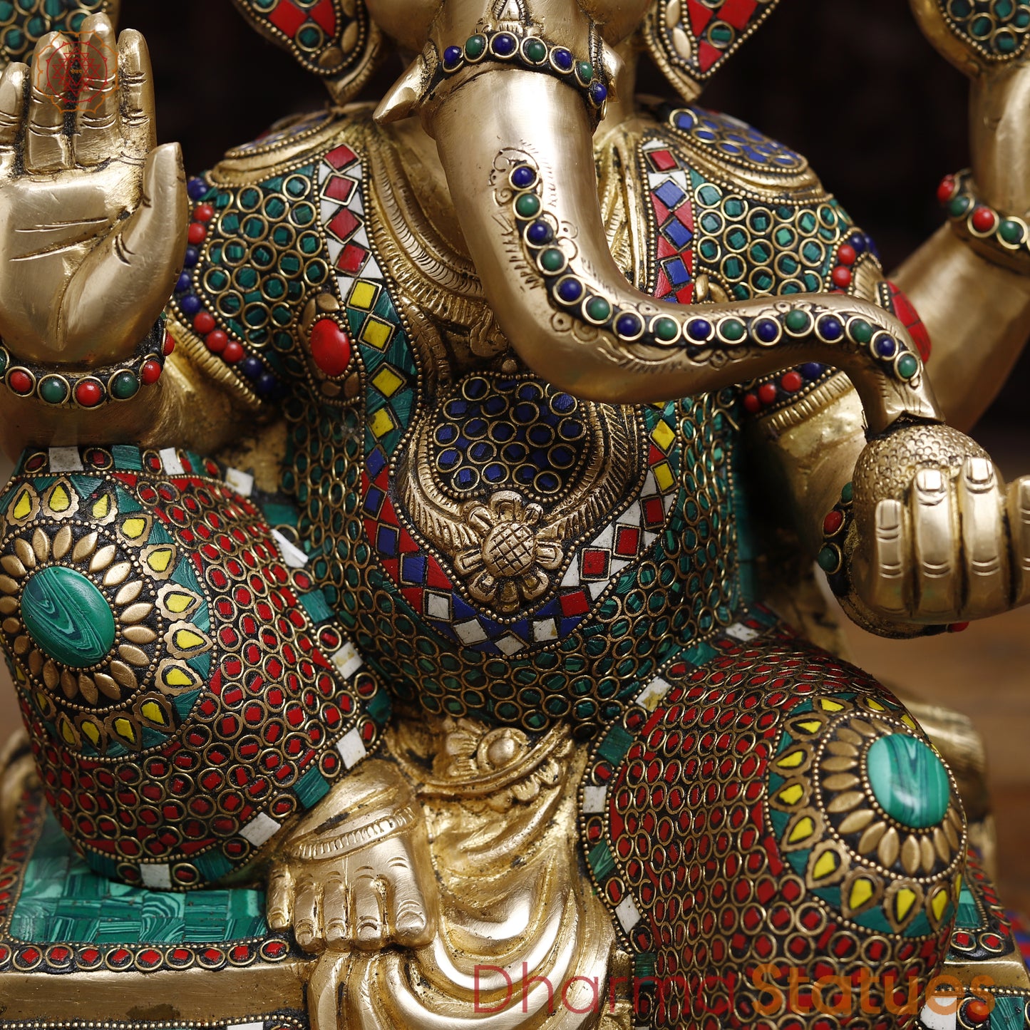 Brass Ganesh seated in Blessing Posture, Stonework & Golden Finish, 16"