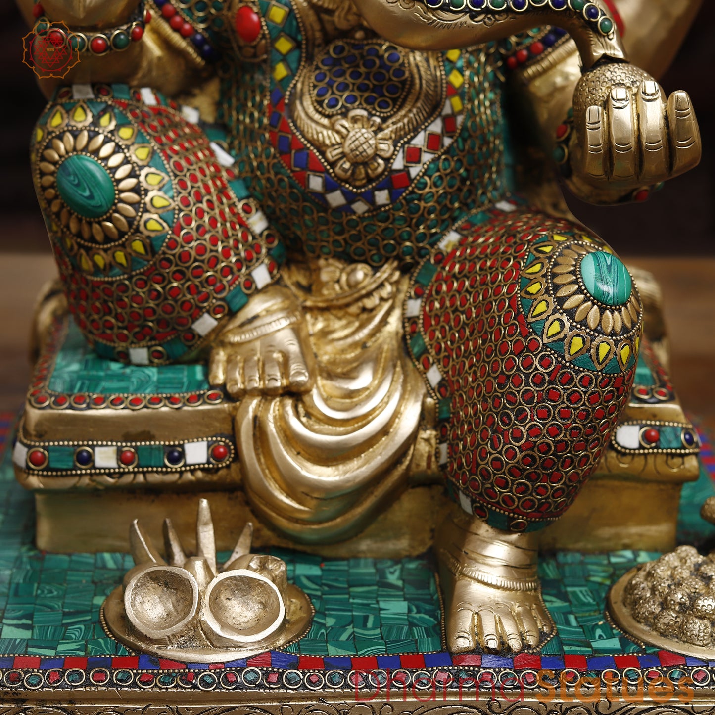 Brass Ganesh seated in Blessing Posture, Stonework & Golden Finish, 16"