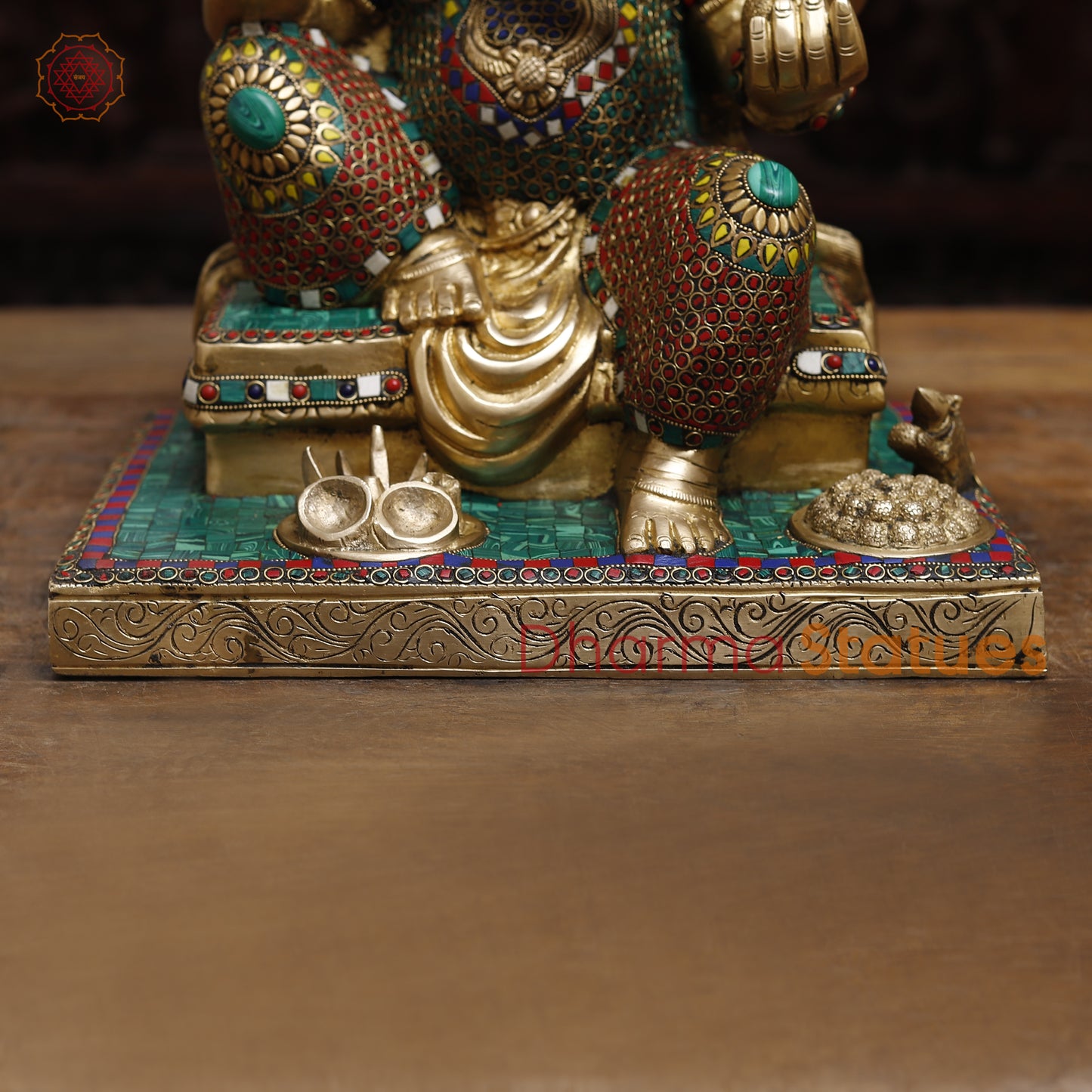 Brass Ganesh seated in Blessing Posture, Stonework & Golden Finish, 16"