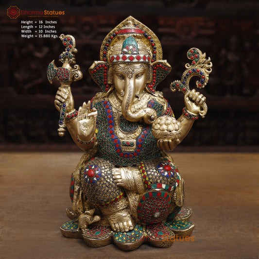 Brass Ganesh seated in Blessing Posture, Stonework & Golden Finish, 16"