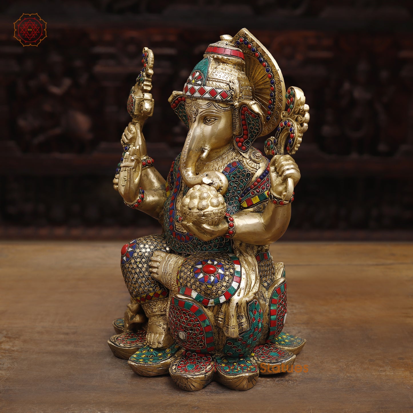 Brass Ganesh seated in Blessing Posture, Stonework & Golden Finish, 16"
